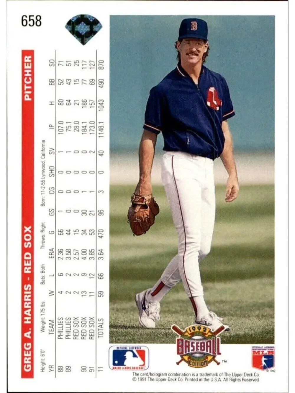 Greg A. Harris 1992 Upper Deck MLB #658 Baseball Card Boston Red Sox